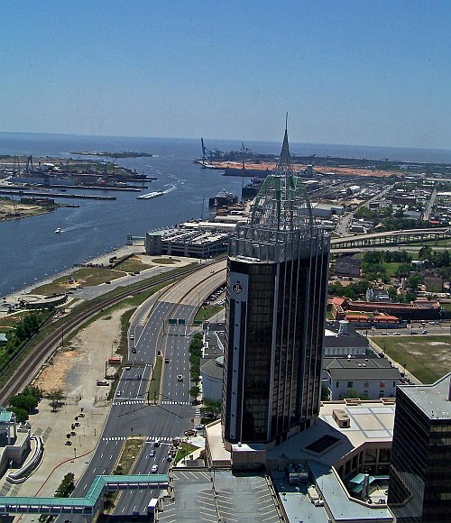 A view from the RSA Tower overlooking Mobile River and Mobile Bay